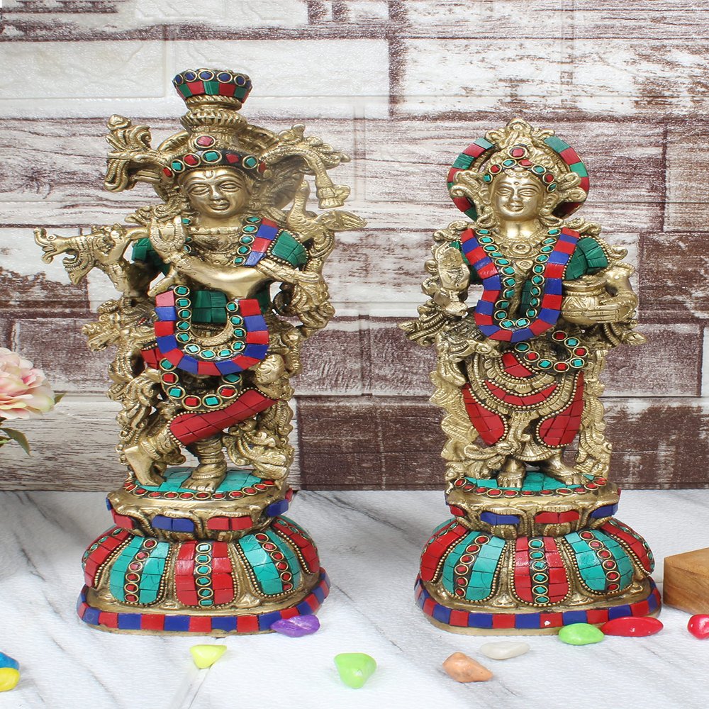 Artvarko Brass Radha Krishna Murti Multicolor Stone Work for Gift Idol for Mandir Temple Height 13 Inches
