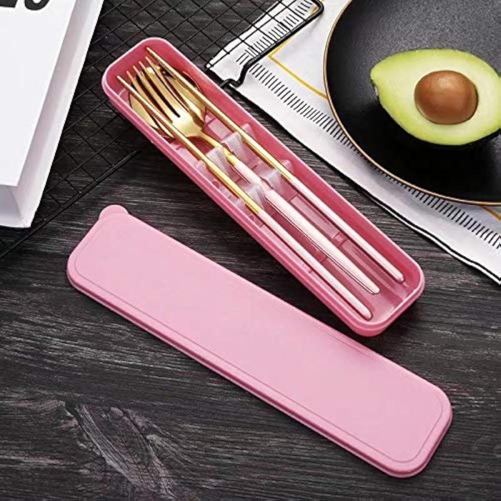 HonHeam 4 Pcs Portable Stainless Steel Tableware Set, Dishwasher Safe Reusable Flatware Cutlery Set, Include Fork Spoon Chopsticks with box (Golden pink)