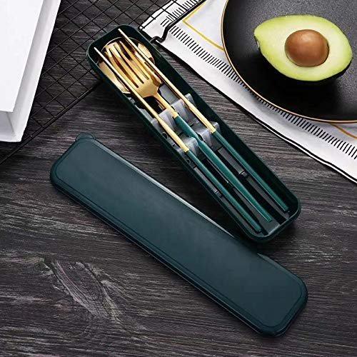 HonHeam 4 Pcs Portable Stainless Steel Tableware Set, Dishwasher Safe Reusable Flatware Cutlery Set, Include Fork Spoon Chopsticks with box (Golden green)