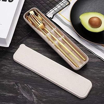 HonHeam 4 Pcs Portable Stainless Steel Tableware Set, Dishwasher Safe Reusable Flatware Cutlery Set, Include Fork Spoon Chopsticks with box(Gold)