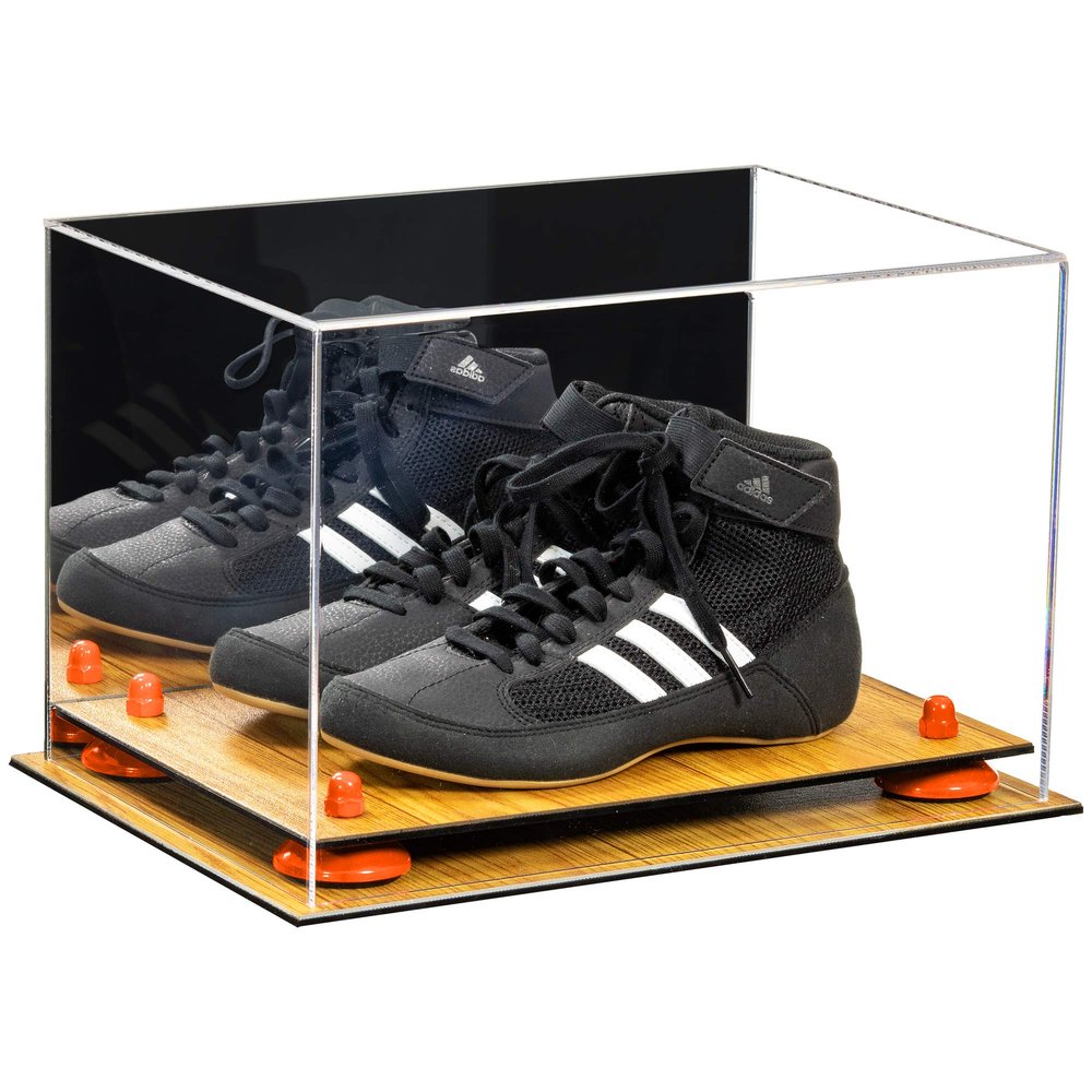 Better Display Cases Acrylic Kids Shoes Display Case - Medium Rectangle Box with Mirror Case, Orange Risers and Wood Base 12" x 8.25" x 8" (A004, V41)