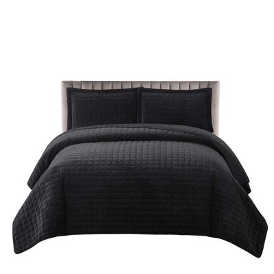 Royal Tradition Plush Velvet Black Coverlets, Queen Oversized 3pc Quilt Set (92-Inch Wide x 96-Inch Long) All Seasons Quilted Checkered Bedspread
