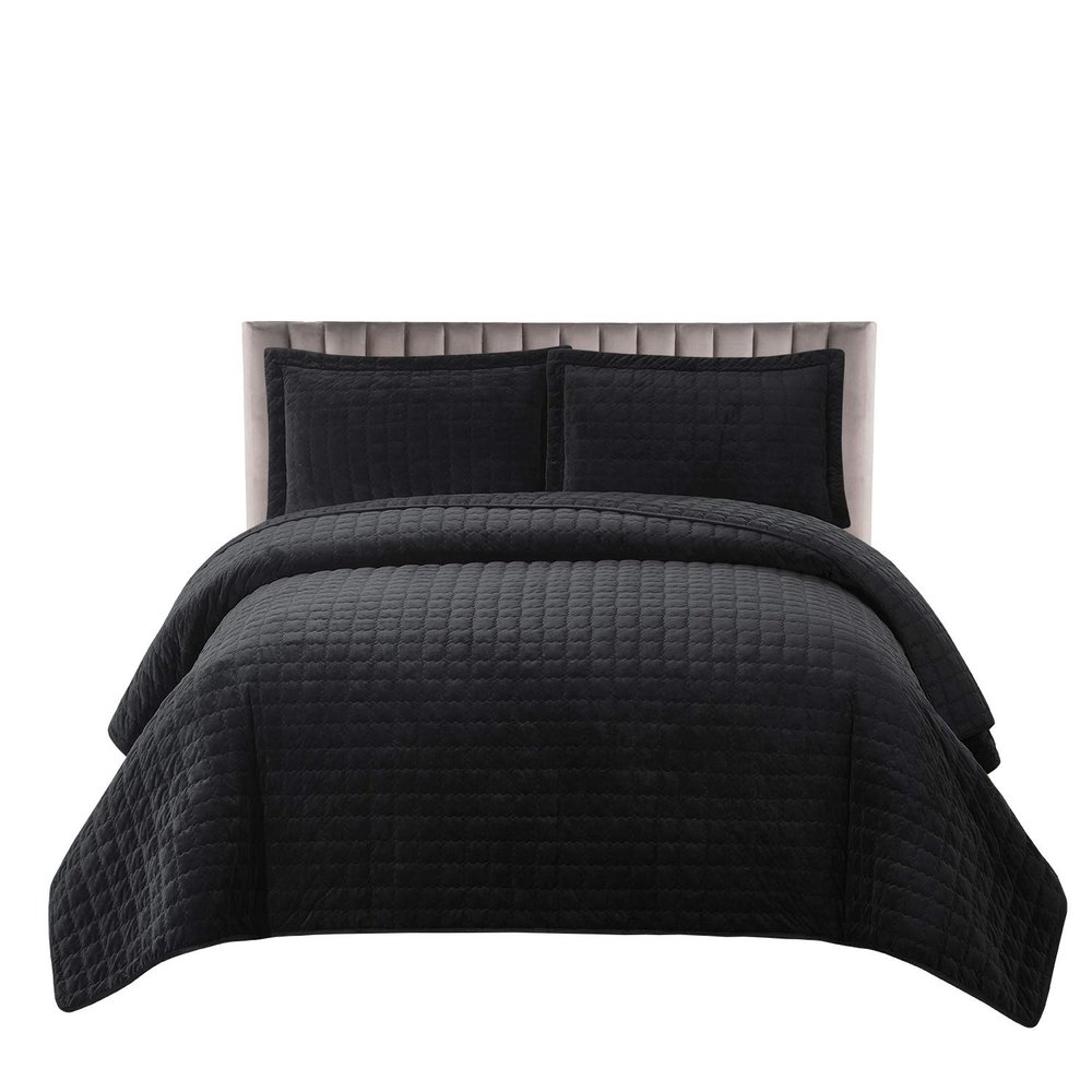 Royal Tradition Plush Velvet Black Coverlets, Queen Oversized 3pc Quilt Set (92-Inch Wide x 96-Inch Long) All Seasons Quilted Checkered Bedspread