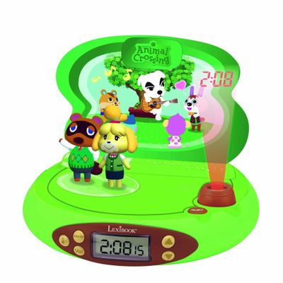 Lexibook Nintendo-Animal Crossing Projector Alarm Clock for Kids-with Night Light and Time Projection to The Ceiling, Sound Effects, Boys, Girls, Green