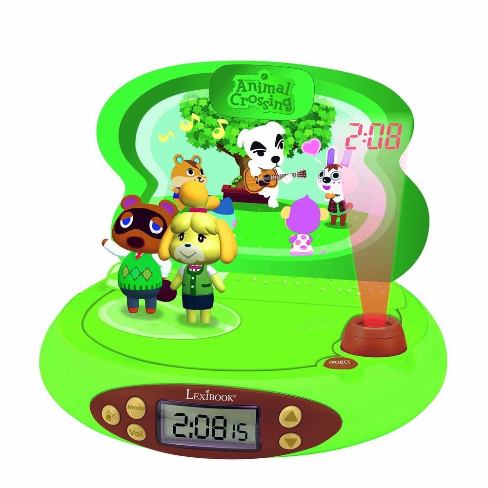 Lexibook Nintendo-Animal Crossing Projector Alarm Clock for Kids-with Night Light and Time Projection to The Ceiling, Sound Effects, Boys, Girls, Green
