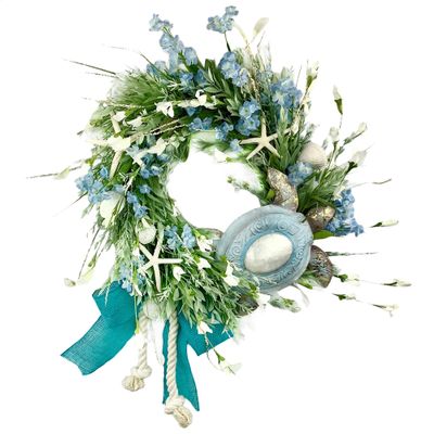 Beautiful Capiz Sea Turtle with Starfish, Sea Shells, Honey Locust, Spring Rosemary and Flowers on an 18 Grapevine Wreath. Made by Paradise Wreath Boutique!