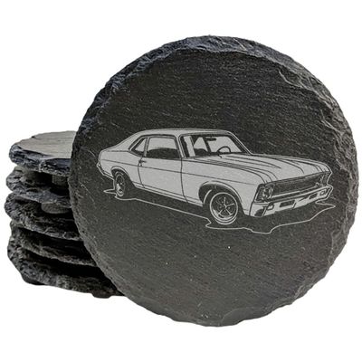 Set of Rustic Slate Coasters with Laser-Etched 1969 Chevy Nova Design | Drink Coasters for Car Enthusiasts and Home Dcor - Round Slate - Set of 8