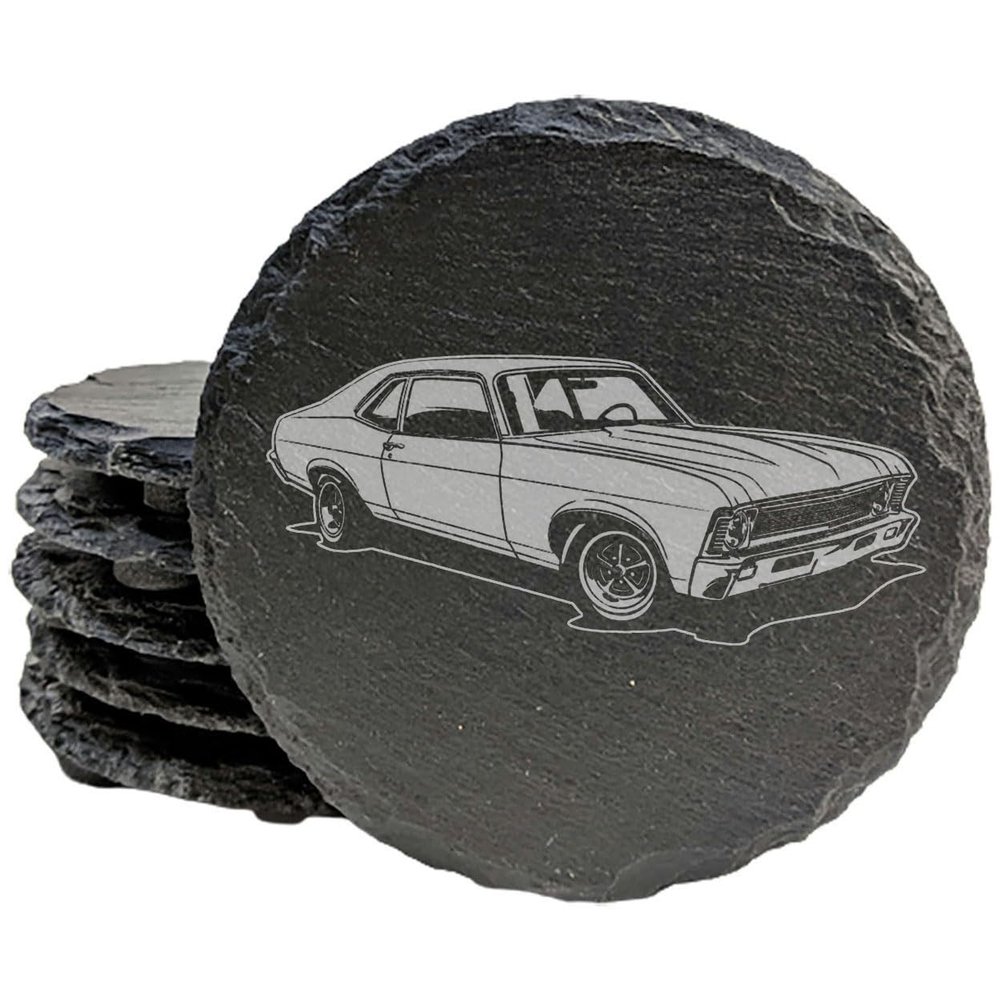 Set of Rustic Slate Coasters with Laser-Etched 1969 Chevy Nova Design | Drink Coasters for Car Enthusiasts and Home Dcor - Round Slate - Set of 8