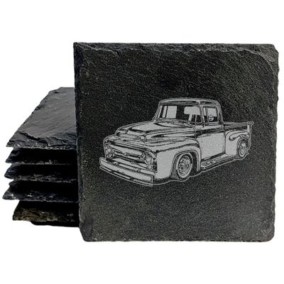 1956 Ford Truck Square Slate Coasters Set of 5 Laser Etched Natural Stone 1956 Ford Truck Gift for Car Enthusiasts Crafted Oregon USA