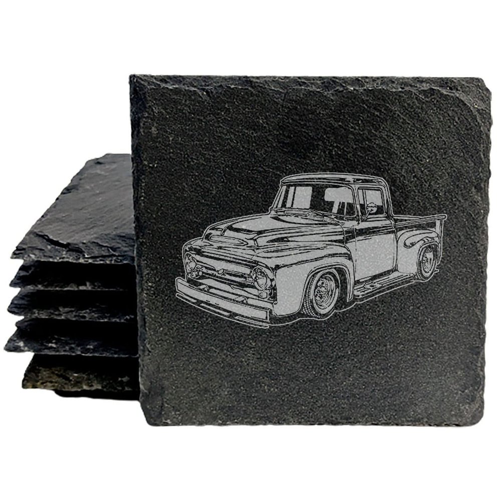1956 Ford Truck Square Slate Coasters Set of 5 Laser Etched Natural Stone 1956 Ford Truck Gift for Car Enthusiasts Crafted Oregon USA