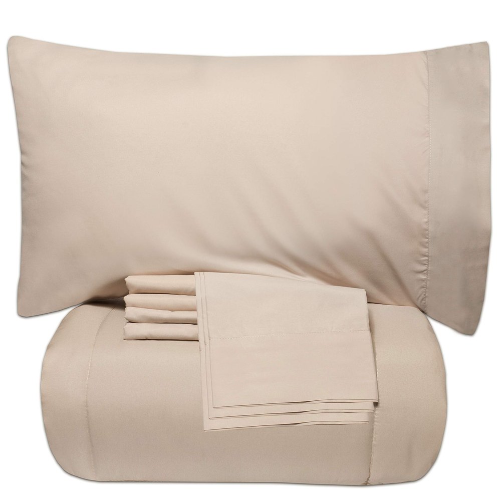 7 Pcs Best Premium Bedding Collection 100% Organic Cotton 500 GSM 7 Pc Included-1 Buffel Comforter, 1 Fitted Sheet,1 Flat Sheet, 2 Pillow Shams, 2 Pillow Cases,Cal-King/Beige Comforter Set