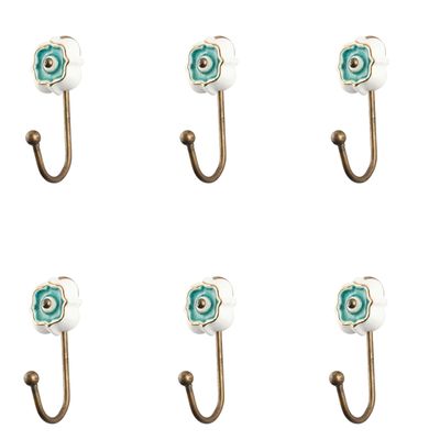 Indian Shelf 6 Piece Ceramic Heavy Duty Decorative Key Holder, Key Wall Hooks for Hanging Coats, Jackets, Leash, Hat, Towel, Backpack, Purse, Handbag for Restroom Dcor(Sea Green)
