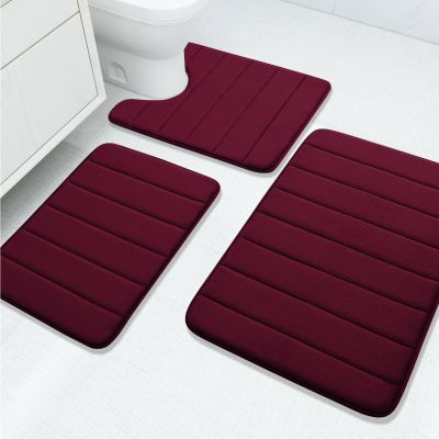 Buganda Memory Foam 3 Pieces Bathroom Rugs Set - Thick Soft Absorbent Non-Slip Bath Mats, Washable Small/Large/Contour Bath Rugs (24" x 16" + 30" x 20" + 24" x 20", Wine Red)