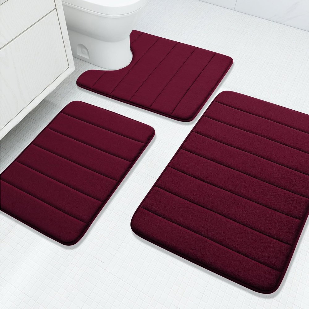 Buganda Memory Foam 3 Pieces Bathroom Rugs Set - Thick Soft Absorbent Non-Slip Bath Mats, Washable Small/Large/Contour Bath Rugs (24" x 16" + 30" x 20" + 24" x 20", Wine Red)