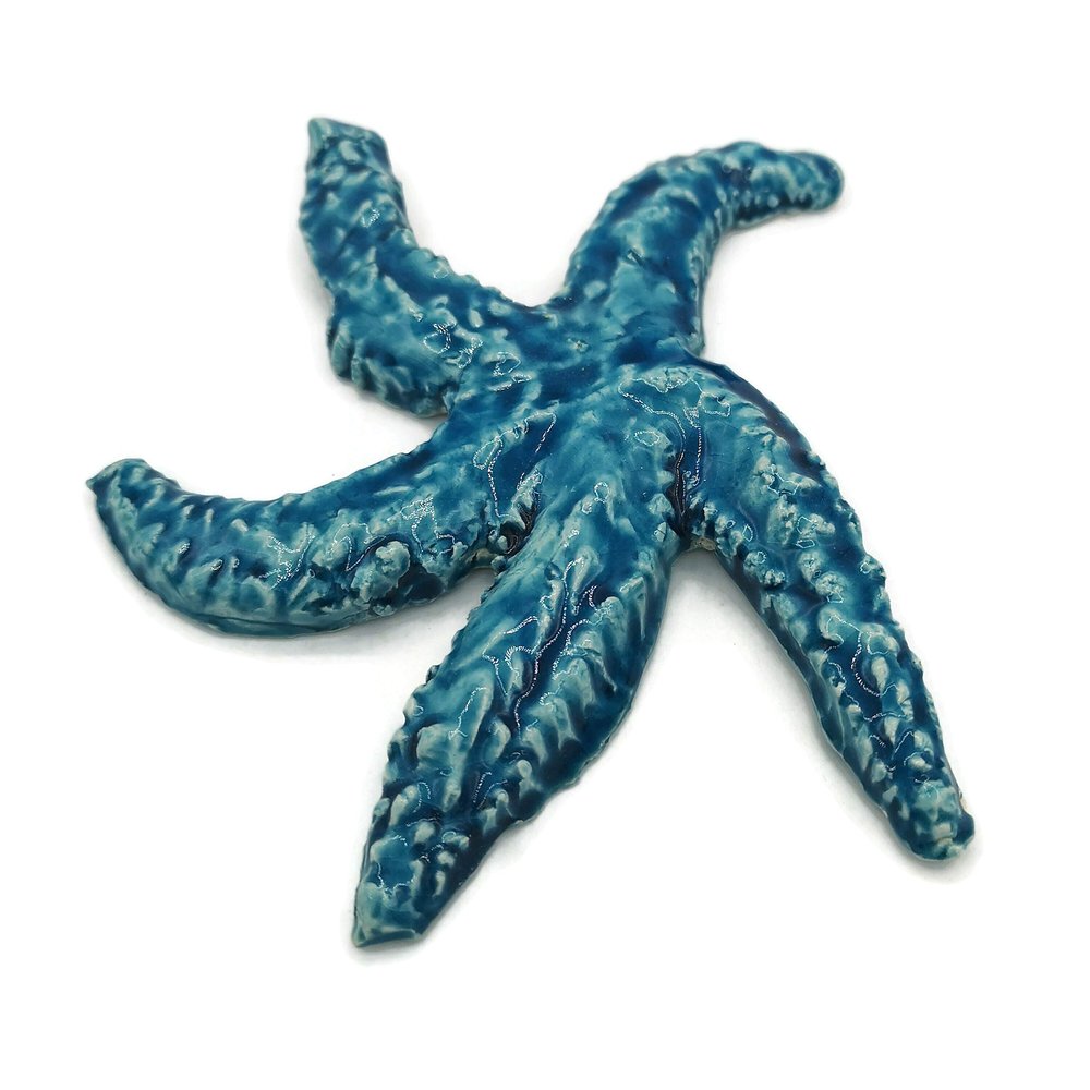 1Pc Handmade Ceramic Starfish Tile, Coastal Wall Decor For Home, Swimingpool Aquarium or Fish Tank, Beach Lover Gift for Women (14cm/5.2in Diameter, Blue)