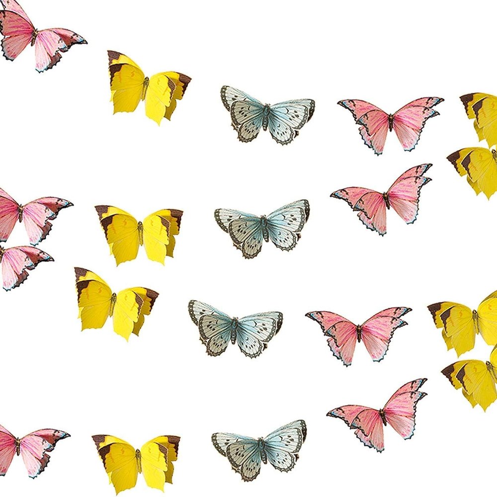Talking Tables 16ft 3D Butterfly Garland Bunting for Afternoon Tea, Weddings, Kids Birthdays, Fairy Party, Mother's Day or Baby Shower Decorations -Pastel Butterflies in Pink, Blue, Yellow