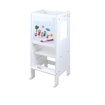 Height Adjustable Kids Kitchen Step Stool with Black and White Magnetic Activity Board Learning Stool for Toddler Chef Helper Standing Tower (White)