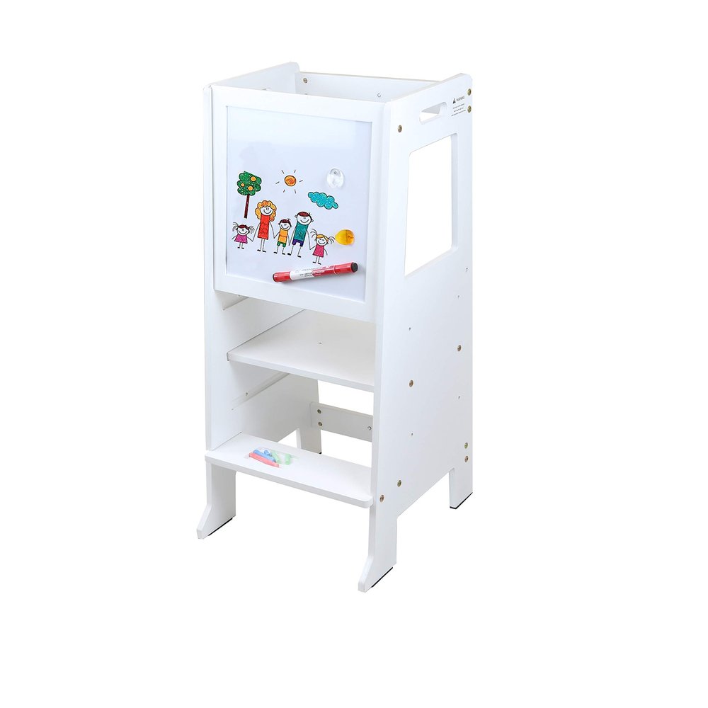 Height Adjustable Kids Kitchen Step Stool with Black and White Magnetic Activity Board Learning Stool for Toddler Chef Helper Standing Tower (White)