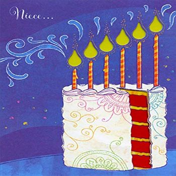 Designer Greetings Cake with Die Cut Window Slice and Candle Flames Niece Birthday Card