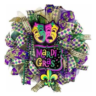 Comedy Tragedy Wreath with BEADS BEADS BEADS! Mardi Gras Fat Tuesday Wreath, Mardi Gras Decorations. Handmade by Paradise Wreath Boutique!