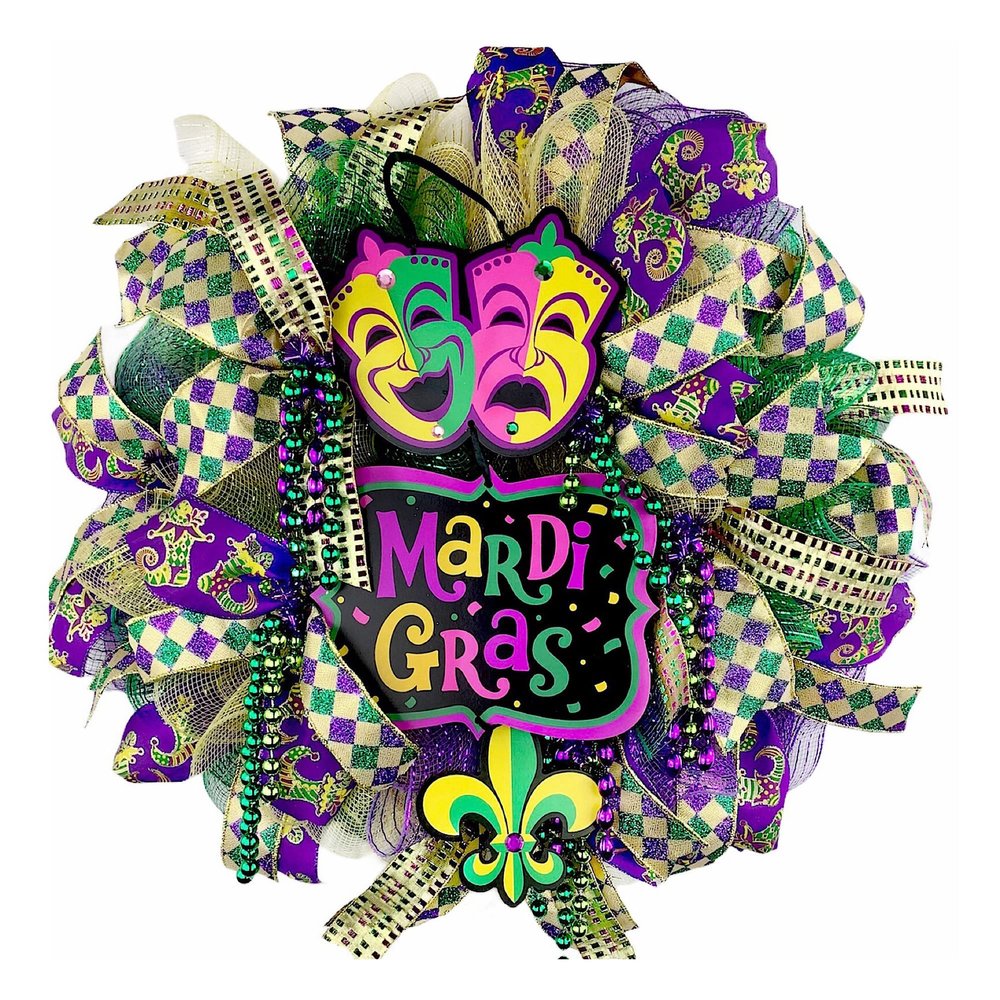 Comedy Tragedy Wreath with BEADS BEADS BEADS! Mardi Gras Fat Tuesday Wreath, Mardi Gras Decorations. Handmade by Paradise Wreath Boutique!