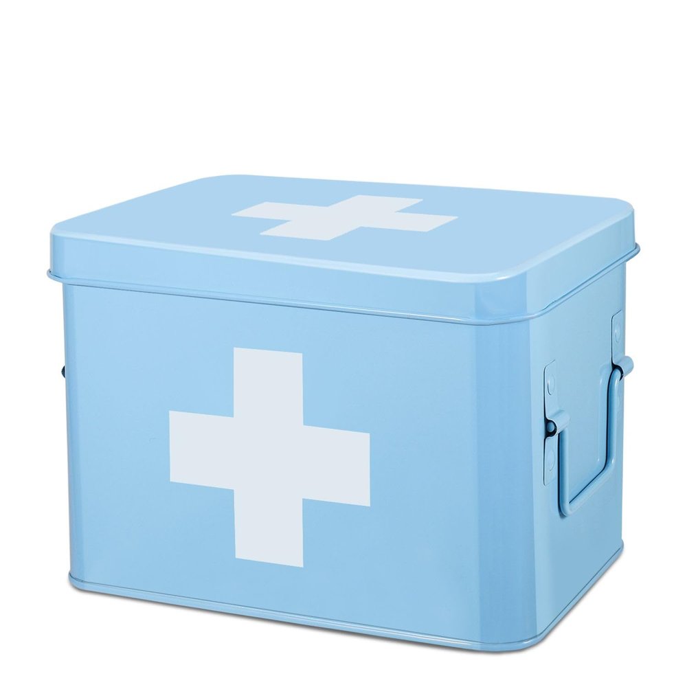 Flexzion First Aid Box Empty 8.5 Inch Metal Medicine Box, Large First Aid Organizer Tin Storage Box with Removable Tray, Dividers, Side Handles, Vintage Medical Supply Container (Blue w/White Cross)
