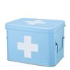 Flexzion First Aid Box Empty 8.5 Inch Metal Medicine Box, Large First Aid Organizer Tin Storage Box with Removable Tray, Dividers, Side Handles, Vintage Medical Supply Container (Blue w/White Cross) view 1