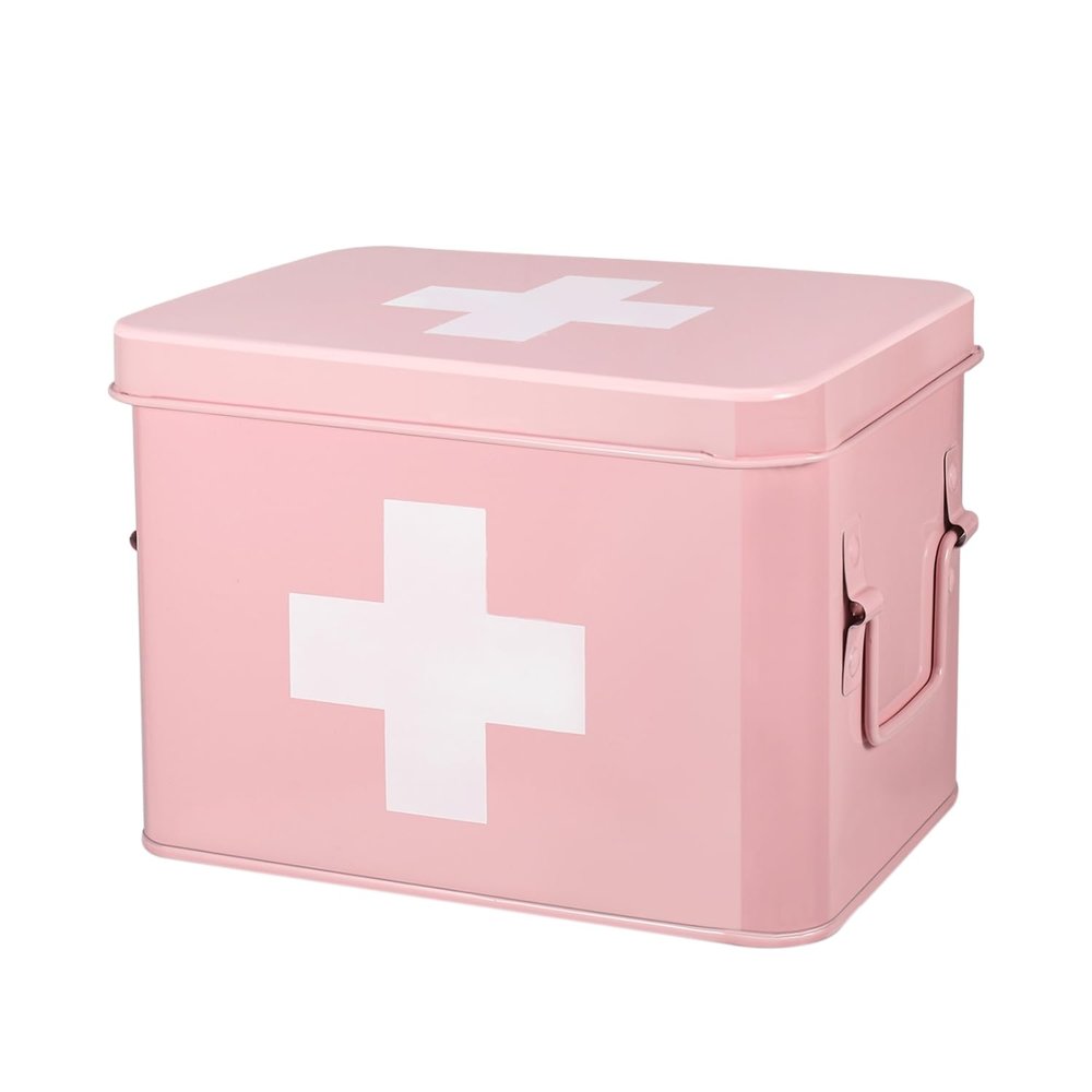 Flexzion Large Metal First Aid Box Empty, 8.5-Inch, Pink with White Cross