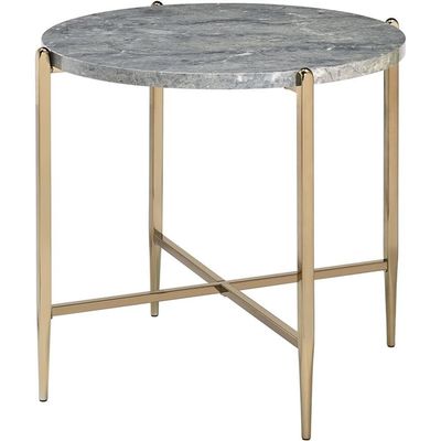 Acme Tainte Round Faux Marble Top End Table in Gray and Champagne
