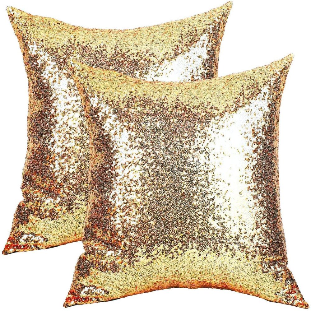 2PCS Gold Pillows Sequins Decorative Pillows,18"x18" Textile Glitter Sequins Square Solid Throw Pillow Covers Cushion Case Hidden Zipper Design for Home Decoration Bed Living Room Party Wedding