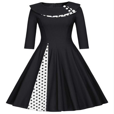 Andongnywell Women's Long Sleeve Pleated Loose Swing Midi Dress Patchwork Solid Color Vintage Dresses (Black,Medium)