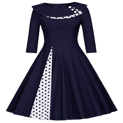 Andongnywell Women's Long Sleeve Pleated Loose Swing Midi Dress patchwork Solid color Vintage dresses (Navy Blue,Small)