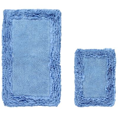 Better Trends 2 Piece Bathmat Set 100% Cotton Water Absorbent, Non-Slip Bath Rug Extra Soft Tufted Washable Mat for Bathroom, Kitchen, Home (17x24|24x40) Blue Shaggy Border Collection
