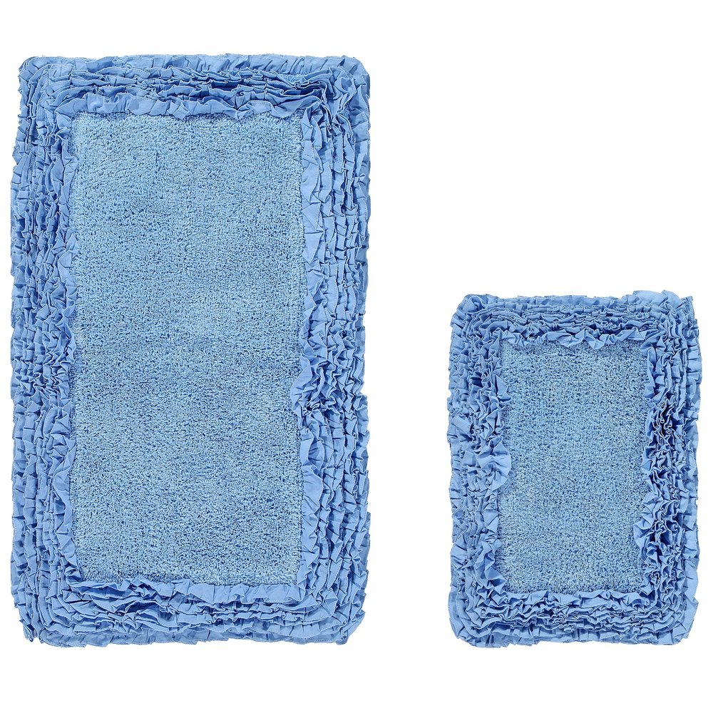 Better Trends 2 Piece Bathmat Set 100% Cotton Water Absorbent, Non-Slip Bath Rug Extra Soft Tufted Washable Mat for Bathroom, Kitchen, Home (17x24|24x40) Blue Shaggy Border Collection