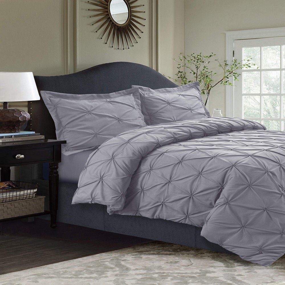 6PCS Set-100% Pure Cotton 600 TC Premium Bedding Set-1Duvet Cover,1Fitted Sheet 14'',2Pillowshams,2Pillowcases Design Pintuck Cal-King/Silver Set for Bed