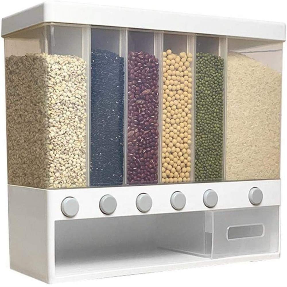 10L Large Storage Jars with Dispenser, Wall-Mounted Storage Box for Food Airtight, Transparent with 6 Compartments and Lid, Ideal for Muesli