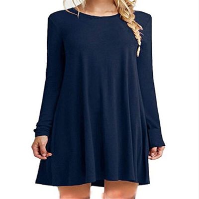 Andongnywell Women's Plus Size Long Sleeve Splicing Solid Color Slim Loose Swing Casual Dresses Length (Dark Blue,Medium)