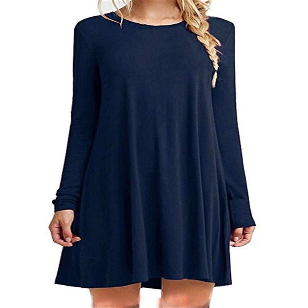 Andongnywell Women's Plus Size Long Sleeve Splicing Solid Color Slim Loose Swing Casual Dresses Length (Dark Blue,Medium)