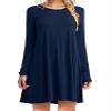 Andongnywell Women's Plus Size Long Sleeve Splicing Solid Color Slim Loose Swing Casual Dresses Length (Dark Blue,Medium) view 1