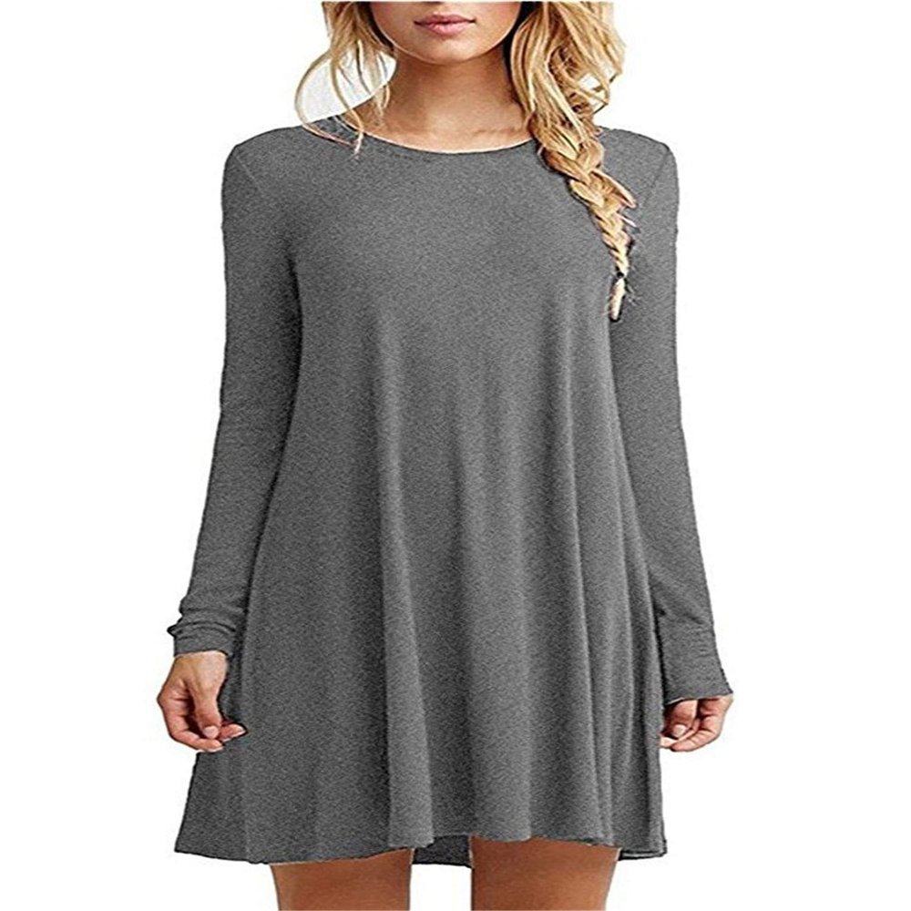 Andongnywell Women's Plus Size Long Sleeve Splicing Solid color slim Loose Swing Casual Dresses Length (Gray,Medium)