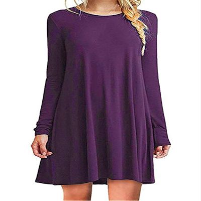 Andongnywell Women's Plus Size Long Sleeve Splicing Solid Color Slim Loose Swing Casual Dresses Length (Purple,XX-Large)
