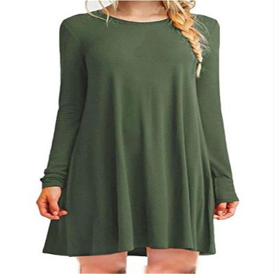Andongnywell Women's Long Sleeve Pleated Loose Swing Casual Dress Patchwork Solid color slim dresses (Army Green,Medium)