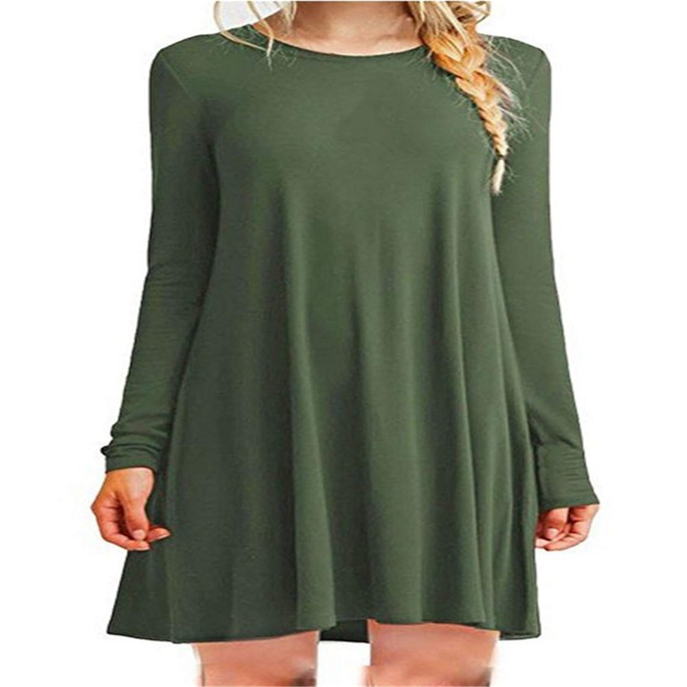Andongnywell Women's Long Sleeve Pleated Loose Swing Casual Dress Patchwork Solid color slim dresses (Army Green,Medium)