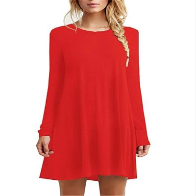 Andongnywell Women's Long Sleeve Pleated Loose Swing Casual Dress Patchwork Solid Color Slim Dresses (Red,Small)