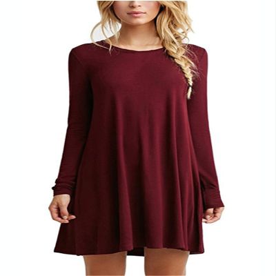 Andongnywell Women's Plus Size Solid color slim Summer Casual Mini Dress Long Sleeve Tshirt Dresses (Red Wine,Large)