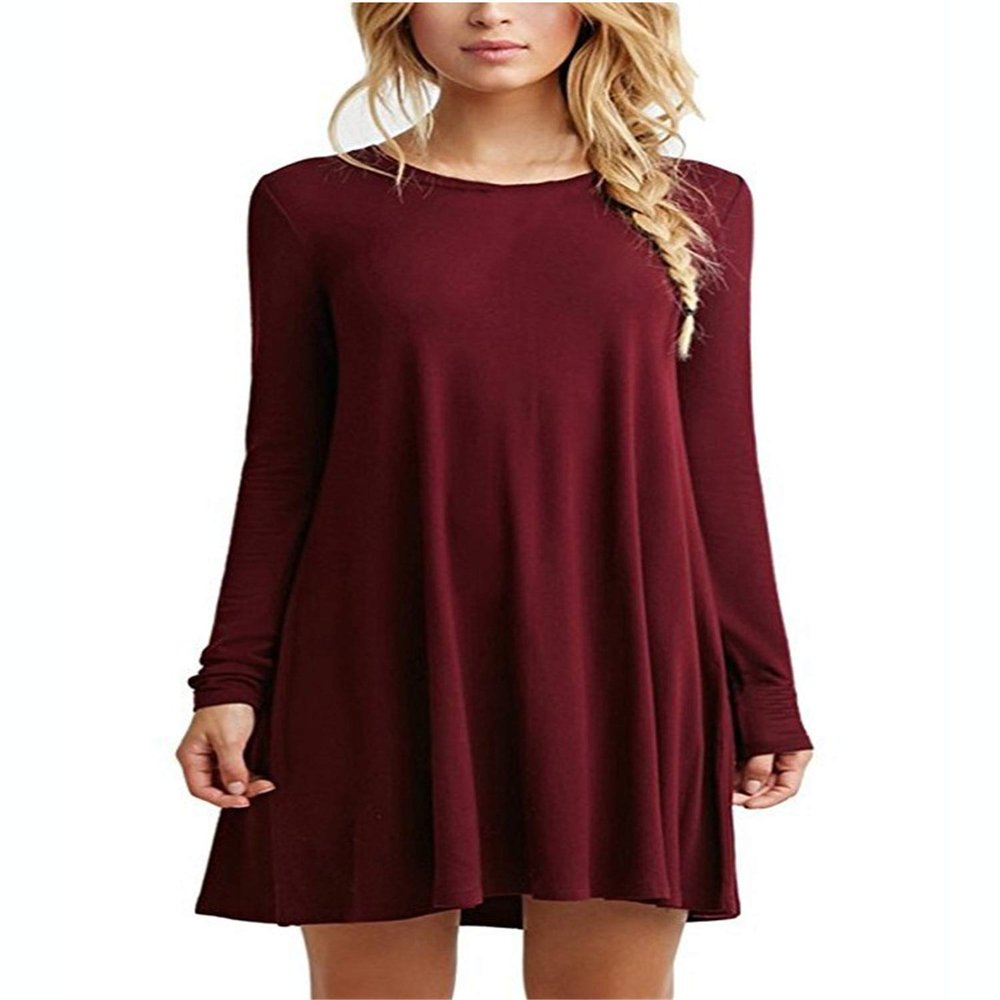 Andongnywell Women's Plus Size Solid color slim Summer Casual Mini Dress Long Sleeve Tshirt Dresses (Red Wine,Large)