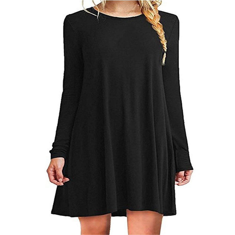 Andongnywell Women's Plus Size Solid Color Slim Summer Casual Mini Dress Long Sleeve Tshirt Dresses (Black,X-Large)