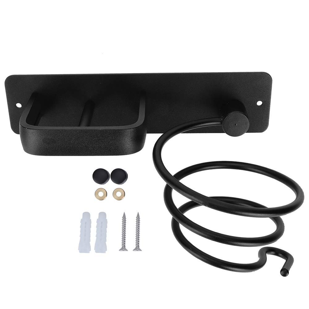 Fdit Space Aluminum Hair Dryer Holder, Wall Mounted Spiral Design, Black, with Straightener Storage Stand and Hooks, Bathroom Organizer
