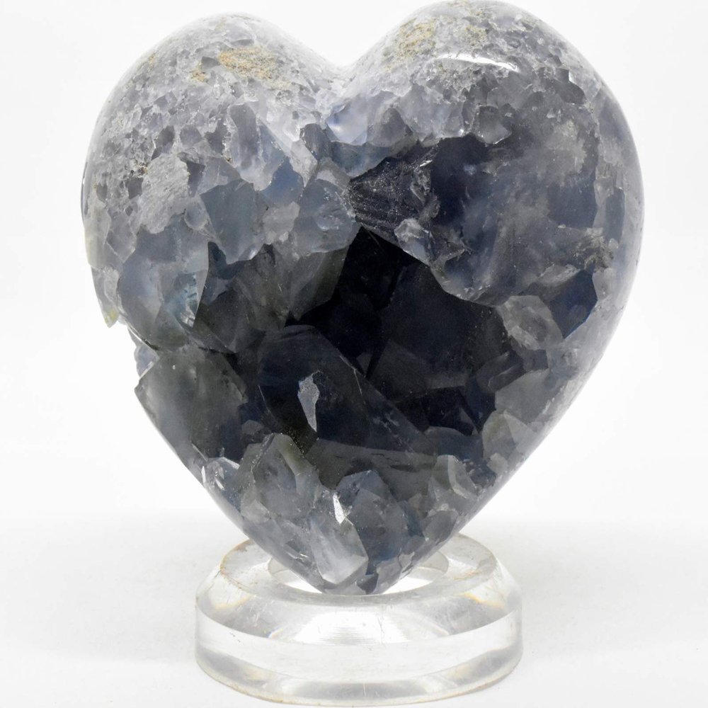 3.4" 660g Silverish Blue Celestite Geode Heart Polished Natural Sparkling Celestine Gemstone Crystal Mineral Clsuter Specimen - Madagascar + Stand