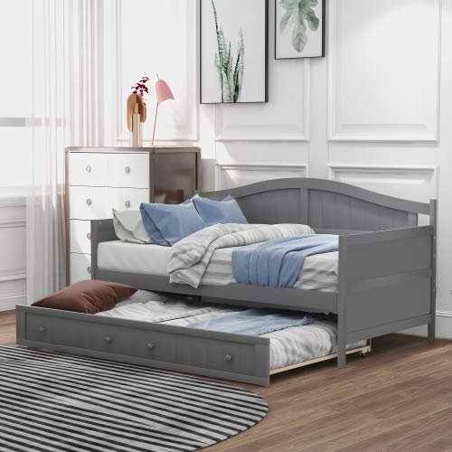Daybed with Trundle,Twin Daybed Frame, Wooden Sofa Bed for Bedroom Living Room (Gray)